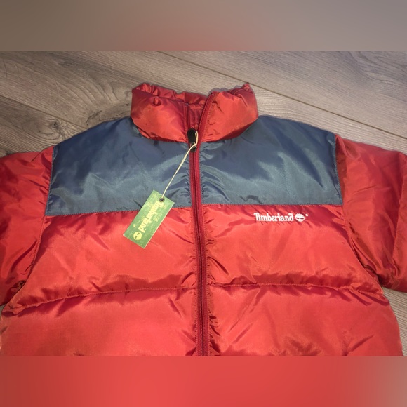 NWT Timberland mens Down Puffer Jacket size S Brick Red Stitched Tree logo - Picture 12 of 16
